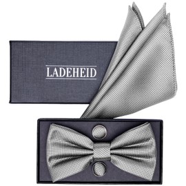 Ladeheid Set BHC Bow Tie with Pocket Square Set Including Cufflinks Size 12 cm x 6 cm, gray