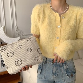 Bolsas de cosméticos para mujer, bolsa de cosméticos de pana estética para mujer, monederos, puntos sonrientes, organizador de maquillaje, bolsa de maquillaje para niñas, Beige