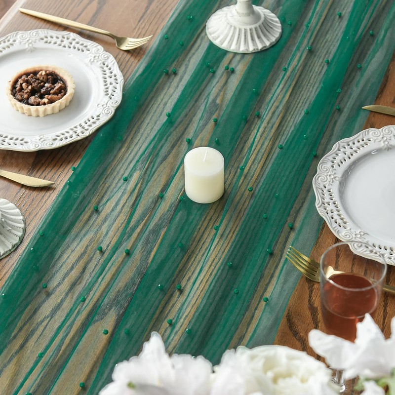 Artoid Mode Pearl Dark Green Gauze Table Runner 120 Inch