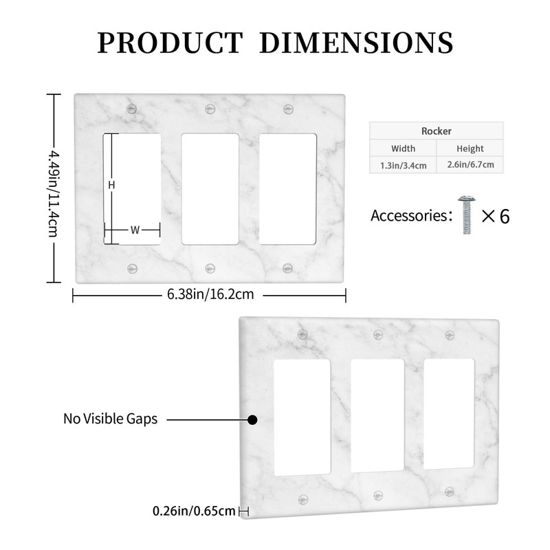 White Marble Triple Gang Rocker Decorative Light Switch Cover, 3-Gang
