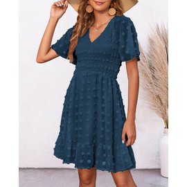 BTFBM Womens Beach Vacation Dress V Neck Short Sleeve Smocked Swiss Dot Casual Ruffle Mini Spring Summer Dresses 2025(Dark Blue, Large)