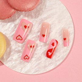 Valentine's Day Press on Nails Medium Square Fake Nails Pink French False Nails with Designs Red Heart Full Cover Acrylic Nails Glue on Nails Decoration for Women Girls 24 Pcs
