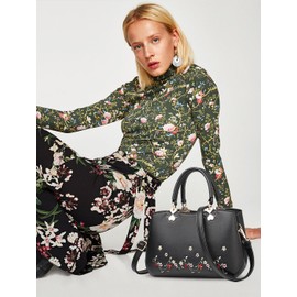 NICOLE&DORIS Women Flowers Top Handle Handbags Shoulder Bag Crossbody Bag Tote Ladies Satchel PU Leather Black