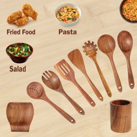 Renexas 9 Pcs Teak Wooden Spoons for Cooking Kitchen Utensils Set Spatulas Rest &Holder