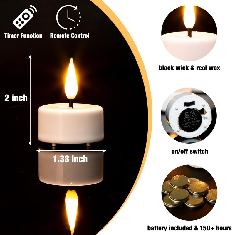 Eywamage White Flameless Wax Tealights with Remote Batteries, Flickering LED