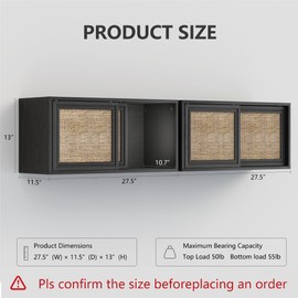 Furnaza Floating Cabients Wall Rattan Storage with 2 Paper Woven Sliding Doors for Living Tv Stand,Bedroom,or Kitchen,in Black, One Set of 2Pcs