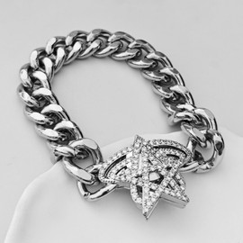 Eioi & Lmnm Hip Hop Silver Miami Cuban Chain Bracelet with Crystal Saturn Planet Star for Men, Stainless Steel Chunky Cuban Chain Bracelet, Rhinestone Star Thick Wristchain, Jewelry Gift for Men, 15 mm Wide 9.3 Inches Long (A)