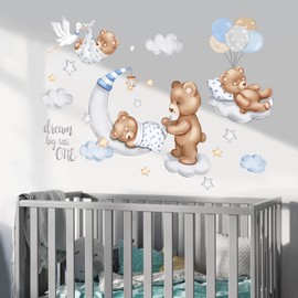 wondever Sleeping Bear On The Moon Wall Stickers Stars and Clouds Ballons Peel and Stick Wall Art Decals for Kids Bedroom Baby Nursery