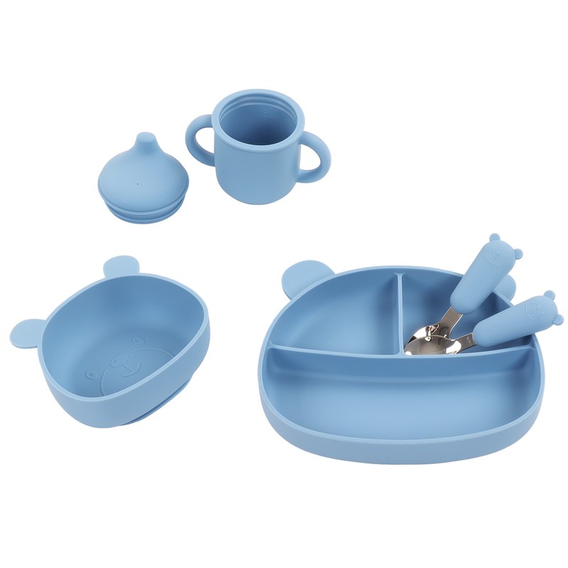 5pcs Baby Feeding Kit Food Grade Silicone Bear Design Plate
