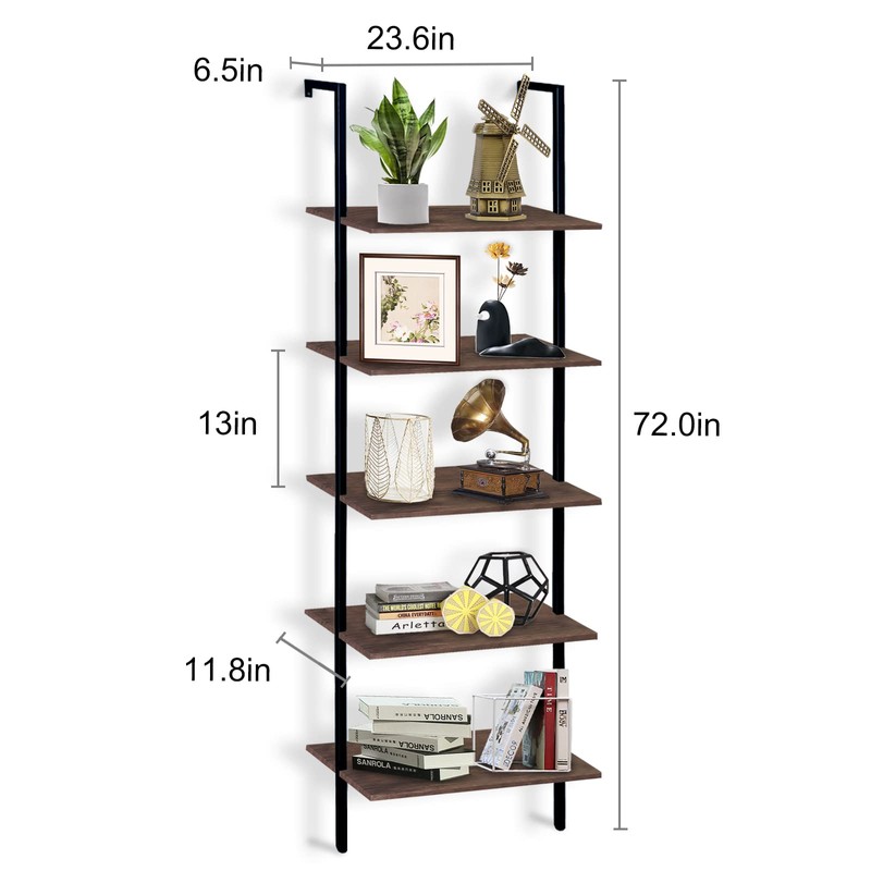 aboxoo Ladder Shelf Open Bookshelf 5-tier Wood Wall-mounted Bookcase Storage