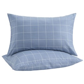 JELLYMONI 100% Natural Cotton Checkered Standard Pillowcases Set, 2 Pack Blue Checkered Pattern Printed Pillow Covers with Envelope Closure (Pillows are not Included)