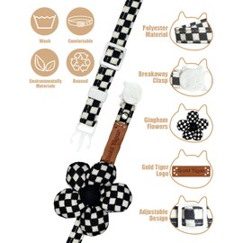 GoldTiger Elegante collar de gato a cuadros blanco y negro con flor, collar de seguridad separable y tamaño ajustable de 7.1-12.6 pulgadas para gatos pequeños a medianos (negro)