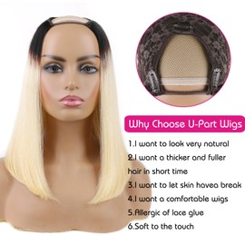 Huarisi Short U Part Bob Wigs Ombre for Women 12 Inches, 1B613 Bob Human Hair Wig None Lace, U Shape Black Roots to Bleach Blonde Bob Wig Blend Natural