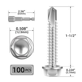 #14 x 1-1/2" Sheet Metal Screws, 100 PCS Hex Washer Head Self Drilling Screw, 410 Stainless Steel Flanged Hex Fast Self Tapping Screws, Hex Bit Socket Included