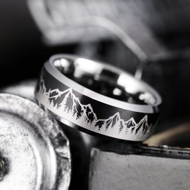 King Will 8mm Silver Black Mens Tungsten Wedding Ring Lasered Forest Landscap Pattern Mountains Trees Matte Finish Wedding Band Beveled Polished Edge 9