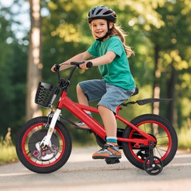 BABY JOY Sporty Kids Bike, 14 Inch Child Bike for 3-5 Years Old w/Adjustable Height, Training Wheels, Storage Basket, Handbrake Coaster Brake, Kids Bicycle for Girls Boys (Red)