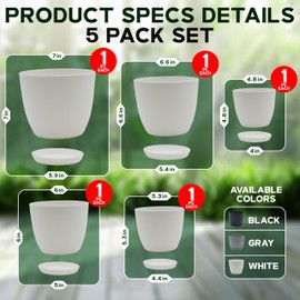Campior Plastic Plant Pots with Drainage - Home Decor Flower Pot, Stackable Design for Indoor and Outdoor Use, Lightweight and Sturdy, Space-Saving, (7”, 6.6”, 6”, 5.3”, 4.8” Inches), Pack of 5, White