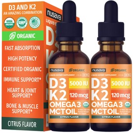 (2 Pack) Organic Vitamin D3 K2 Drops with MCT Oil Omega 3, 5000 IU, Maximum Strength Vitamin D Liquid, No Fillers, Non-GMO Liquid D3 for Faster Absorption, Immune Support (Citrus Flavor, 2 Fl Oz)