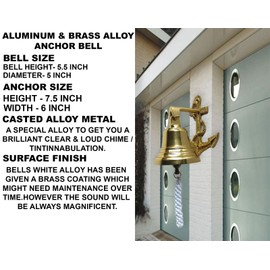 NM HANDISTRY Anchor Ship Bell - Large Dinner Call Bell, Brass Coating Decorative Wall-Mounted Bell for Indoor/Outdoor Use, Loud Door Bell for Home, Pub, Office, School, or Last Orders (Gold)