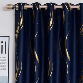 1 Pair Blackout Curtains for Bedroom, Luxury Striped Curtains for Living Room (Navy and Gold, 2 x 54 x 96 Inch)