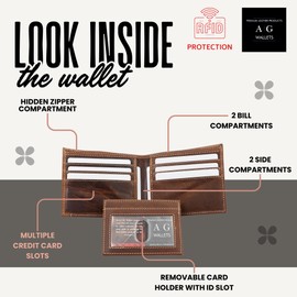 AG Wallets Leather Wallet for Men - Sliding 2-in-1 Bifold Wallet with Removable Card Holder & RFID Protection - Premium Travel Wallet - Versatile & Functional Design - Vintage Brown