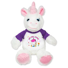 Flutter Hut Get Well Soon Unicorn Plush Pink Sparkles Message T-Shirt Purple Sleeves 8 Inches