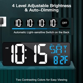 17 Inch Large Digital Wall Clock with Remote Control, Automatic Brightness Dimmer Digital Wall Clock Large Display with Day/Date/Temperature, Snooze, Count Up & Down Timer for Living Room, Office, Gym