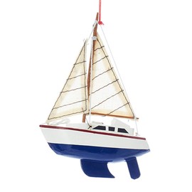 Wooden Yacht - Sailboat Christmas Ornament, 4 inches, Blue Hull