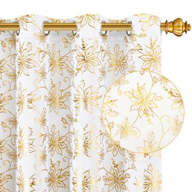 FRAMICS Christmas Curtains for Living Room, Gold Foil Print Poinsettia Blackout Curtains for Bedroom, Christmas Window Curtains & Drapes, Grommet White Floral Curtains 63 Inch Length 2 Panels Set