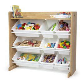 Humble Crew Toy Storage Organizer with Top Shelf and 9 Removable Bins, Natural/White – Toddler Bookshelf with Toy Organizer - Modern Toy Rack Ideal for Kids' Rooms, Playrooms, and Nurseries