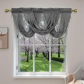 ABREEZE Luxury Velvet Waterfall Valance,Grey Beaded Blackout Short Window Curtain with Tassel Rod Pocket Valance Drapes,57W x 37L Inch,1 Panel