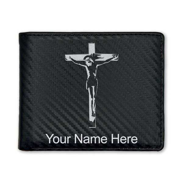 LaserGram Faux Leather Bi-Fold Wallet, Jesus on the Cross, Personalized