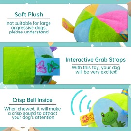 LuckyOpt Dog Ball Toy, 12CM Dia Plush Dog Interactive Toy Ball with Grab Tabs, Dog Balls with Bell Inside for Tug of War, Dog Toys Ball for Small Medium Breed (Frog)