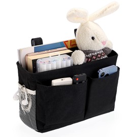 IGNPION Canvas Bedside Hanging Storage Bed Pockets Baskets Adjustable Hanging Tape Dormitory Bed Organiser Caddy Multi-Purpose Hanging Storage Bag for Home Office School Dorm Hospital Black