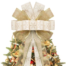 GOGOSY Christmas Tree Topper Bow,48''x 13'' Glitter Satin Large Christmas Wreath Bows Xmas Ornaments with Long Streamer and Mesh Wired Edge Ribbon for Thanksgiving,Christmas Decoration(Gold)