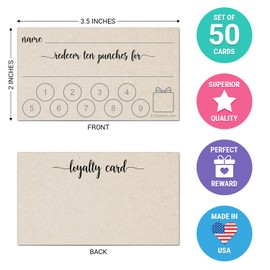 321Done Loyalty Punch Cards, Made in USA - 3.5x2 Customer Reward Card, Redeem 10 Punches or Visit for Prize, Kraft Tan - Set of 50
