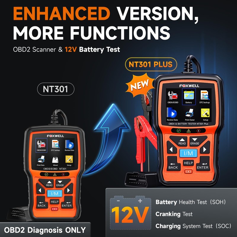 Upgraded of NT301, 2-in-1 FOXWELL NT301 Plus OBD2 Scanner Battery