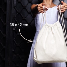 Eles Vida Cotton Gym Bag, 1 Piece, 38 x 46 cm Sports Bag, Rucksack Fabric Bag, Cotton Bag, Jute Bag, Oeko-Tex® Tested Fabric Bag for Men, Women and Children, Gym Bag for Decorating, white, 38 x 42