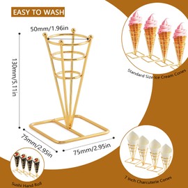 BLBYHO Single Metal Gold Ice Cream Cone Holder Stand, Individua Waffle Food Cone Holder for Standard Size Ice Cream Cones, Appetizer Charcuterie Cones, Sugar Cones, Sushi (4 Pack)