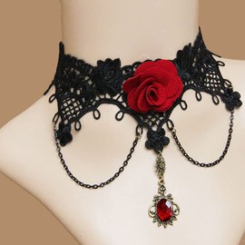 Prosy Gothic Black Lace Choker Necklace Gold Red Rose Flower Gemstones Collar Necklaces Adjustable for Women and Girls (B)
