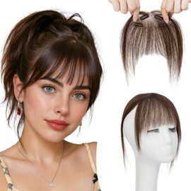 Elailite Clip in Fringe Human Hair Wispy French Bangs Real Hair Lace Base 360°Cover Top HairPieces 5 Inch - #02 Dark Brown