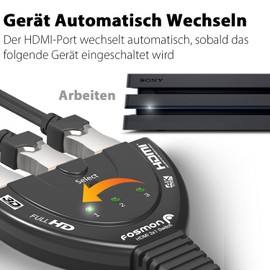 Fosmon HD8061 3-Port High Speed HDMI Switch with Pigtail Cable Supports 4K Full HD 1080p 3D