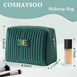 COSHAYSOO Bridesmaid Proposal Engagement Gifts Bridal Shower Bachelorette Party Favors Makeup Bag Quilted Make Up Cosmetic Pouch for Bride to Be Maid of Honor Godmother Green Velvet Initial Letter E