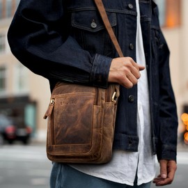 STILORD 'Salva' Leather Shoulder Bag Mens Small Cross-Body Messenger Bag Genuine Leather with zipper Adjustable Strap Travel Business Casual Daily 8' Tablet, Colour:middle brown