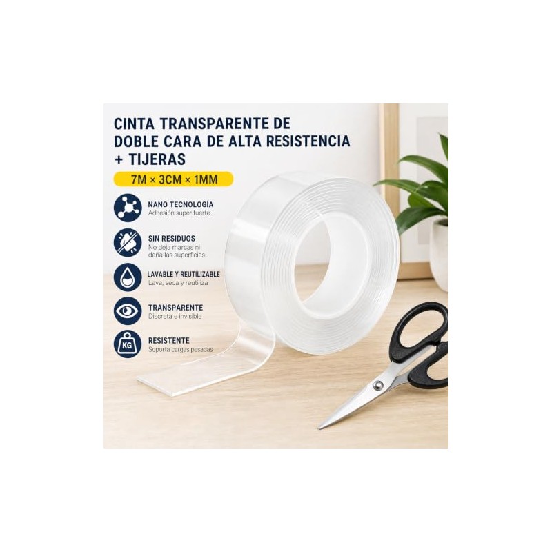 3 Rollos7M Cinta Doble Cara Extrafuerte,Reutilizable Nano Tape con tijeras,