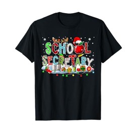 School Secretary Xmas Leopard Plaid Santa Reindeer Elf Books T-Shirt