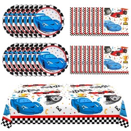 WERNNSAI Racing Car Party Supplies Set - Checked Racing Car Plates Napkins with Tablecloth Party Dessert Tableware Set for Kids Boys Gift Package for Racing Party Decorations for 16 Guests