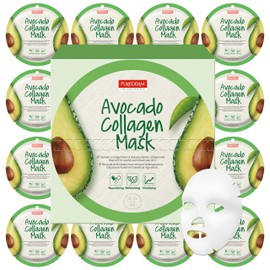 Purederm Mascarilla Aguacate Colágeno, Ingrediente principal Aguacate, Colágeno y Vitamina E 18g, Paquete 12 Piezas                                   