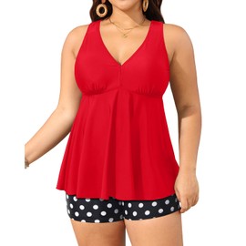 Aqua Eve Plus Size Swimsuits with Shorts Two Piece Tankini for Women Flowy Bathing Suits Athletic Swimwear Red Dot 12W