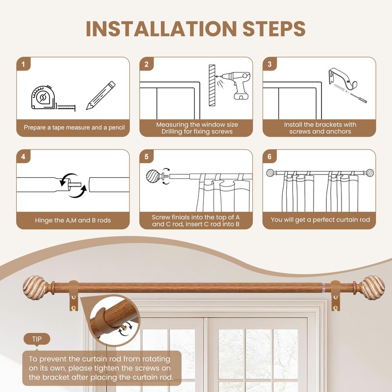 TKZTKZ Wood Curtain Rods for Windows 66-120" 2 Pack:Boho Farmhouse